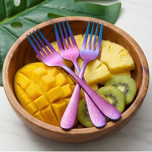 Image of 6.7 inch Rainbow Hammered Salad Forks | Set of 5 Durable Stainless Steel Fruit Forks | Mirror Polished Silverware for Home, Restaurants, and Gift Giving