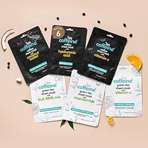mCaffeine Green Tea & Coffee Sheet Masks with Vitamin C, Hyaluronic Acid, Niacinamide, Coconut Water & Fruit AHA Mix for Hydrated & Glowing Skin| Face Sheet Masks for Women & Men – Pack of 6 | 120g