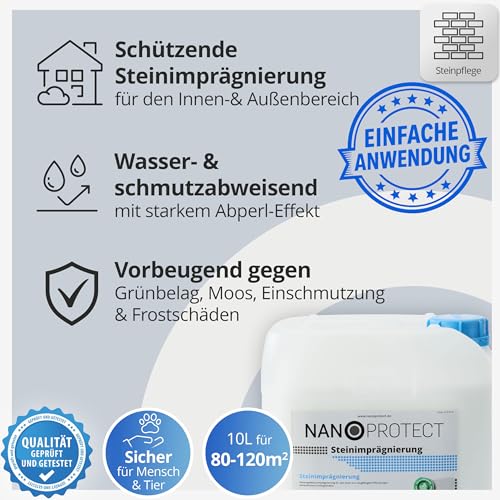 Nanoprotect Steinimprägnierung | 10 L für ca. 80 – 120 m² | Vorbeugend gegen Grünbelag und Einschmutzung | Ideal für Pflastersteine, Beton und Naturstein | Profi Qualität