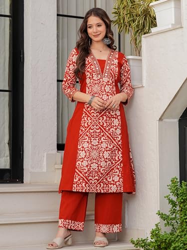Image of Amayra Woman's Pure Cotton Straight Kurta Sets with Palazzos & Dupatta|Kurti Set for Woman|Suit Set for Women Cotton