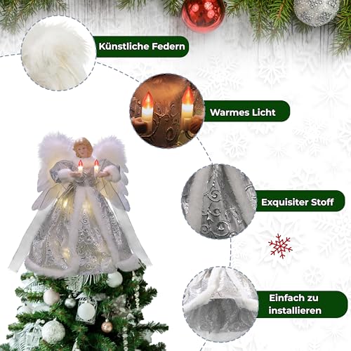 Cyraft Christbaumspitze Engel mit automatisch schlagenden Flügeln – Weihnachtsbaumspitze beleuchtet in Silber, 30 cm, mit Hellen LEDs & separat steuerbaren Flügeln, 6 Std. EIN / 18 Std. Aus