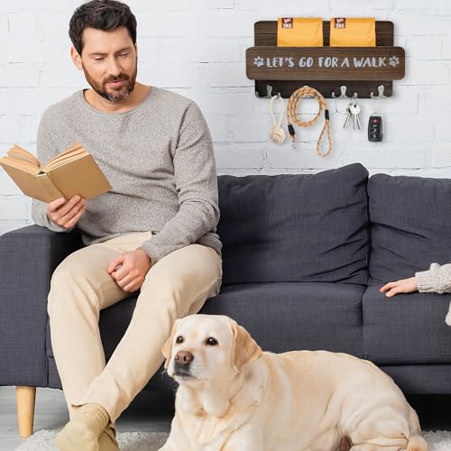 Hunde Schlüsselaufhänger Hunde Schlüsselbrett mit 4 Haken, Hundegarderobe mit Ablage, Hundeleinenhalter Wand, Schlüsselbrett, Hölzerne Hundeleinen Halterung für Flur, Eingangsbereich (Braun)