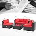 Walsunny 5 Pieces Outdoor Patio Furniture Set, All-Weather Rattan Patio Sectional Sofa Wicker Conversation Set with Glass Table and Cushions(Red)