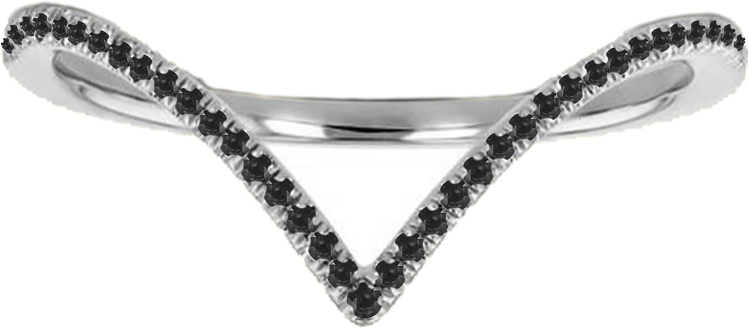 Round Cut Black Diamond Matching Contour Chevron V Shape Ring For Women, 14K Gold Finish Diamond V Shape Anniversary Wedding Band