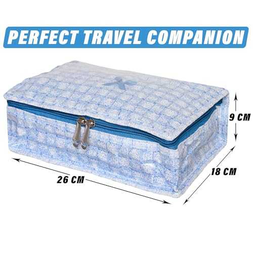 Image of Kuber Industries Makeup Storage Bag | Vanity Box for woman | Watch Organizer | Cosmetic Storage Kit | Makeup Kit with Handle | 6 Pouch Jewellery Storage Bag | Check-Design | Blue