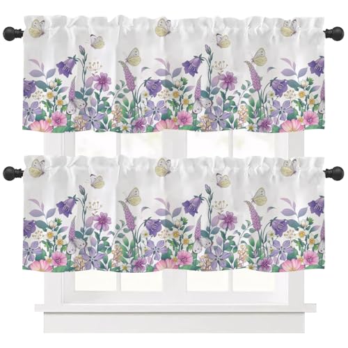 Ausing 2 Stück Moderner Floraler Vorhang Tiers Kurzer Flächenvorhang mit Blumen Schmetterling Prints Halbtransparent Cafe Bistro Vorhang, Lila