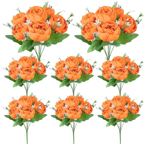 Image of 8 Pack Orange Peonies Artificial Flowers, Fall Fake Silk Hydrangea Bouquet for Bridal Wedding Home Table Decor Reusable Dining Opening Ceremony Birthday Arrangement Faux Floral