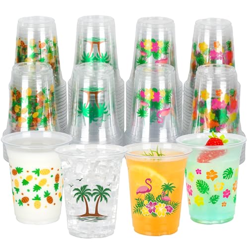 100 Pcs 12 oz Hawaiian Luau Cups Clear Disposable Summer Tropical Plastic Cups Flamingo Pineapple Pool Party Cup for Hawaii Luau Tiki Summer Beach Birthday Theme Party Supplies Decorations