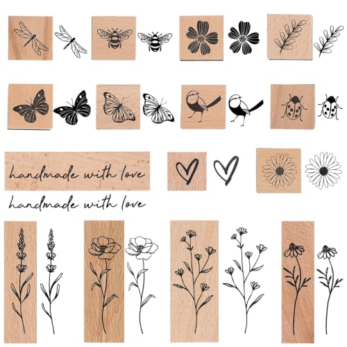 LXUEJIE 15 Stück Vintage Holzstempel Set, Motivstempel zum Basteln Pflanze Blume