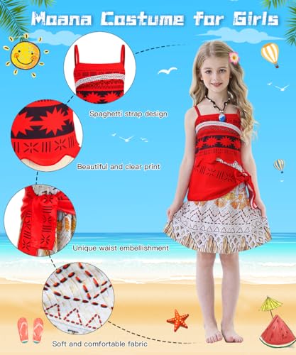 Princesa Moana Niñas Disfraz Vaiana Princesa Para Niñas 4 Piezas - Vestido Moana Con Corona Y Collar | Carnaval Cumpleaños Disfraz Infantil Suave Lavable