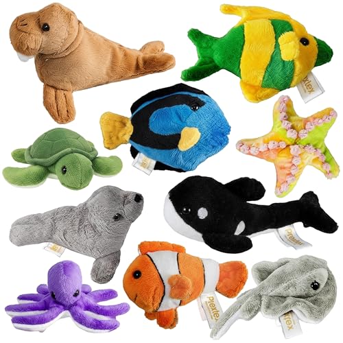 Image of PREXTEX 10 Piece Plush Soft Stuffed Sea Animals - Small Stuffed Animals Bulk - Playset Plush Assortment, Turtle, Stingray, Nemo Fish, Killer Whale and More - Bulk Stuffed Animals