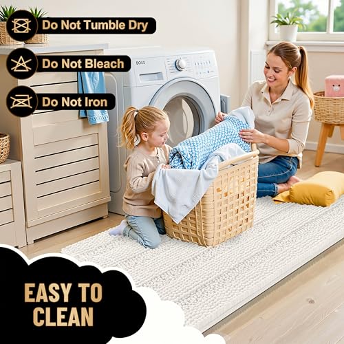 Image of OLANLY Thick Small Bathroom Rugs 24x16, Extra Soft Absorbent Chenille Striped Bath Rugs, Rubber Backing, Machine Wash, Bath Mats for Bathroom Floor, Tub and Shower, Home Decor Accessories, Ivory