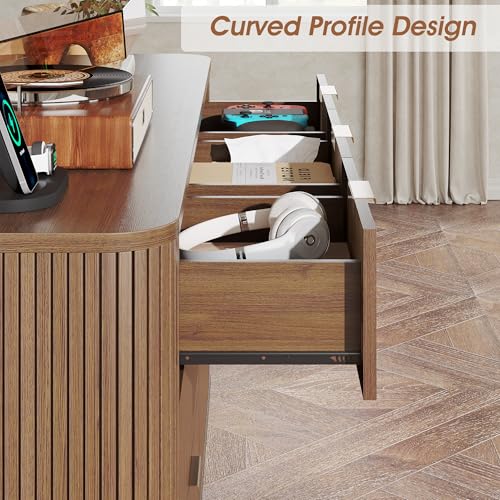 Alohappy Fluted 7 Drawer Dresser with Charging Station, 57\" Wide Modern Chest of Drawers, Mid Century TV Stand with Curved Profile Design for Bedroom, Living Room, Entryway, Home Office, Walnut