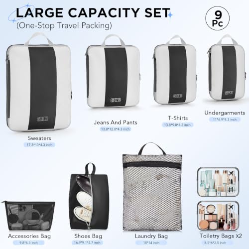 Image of OlarHike 9 Set Compression Packing Cubes for Travel Essentials,Compressible Expandable Space Saver Bags for Organizing Clothes,Luggage Suitcase Garment Bags with Over 1000 pcs Mesh Holes(Yellow)