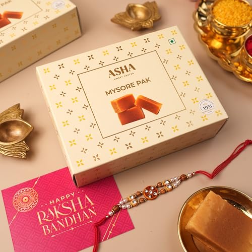 Image of ASHA SWEETS Rakhi Celebration Combo Pack with Mysore Pak (250gm), 1 Handmade Rakhi & Wish Card Set for Gifting to Brother & Sister |Premium Raksha Bandhan Festive Gift Box for Family & Friends & Pets