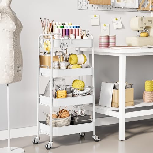 TOOLF 4-Tier Metal Rolling Cart with Wheels, Storage Utility Organizer Cart for Kitchen, Bathroom, Office, Baby Essentials & Makeup - Lockable Casters, Easy Assembly, 132 lbs Capacity, White