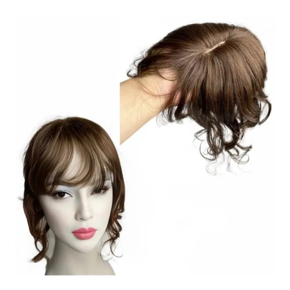 Topper de cheveux humains bouclés de vague de corps de 14 pouces for les femmes, avec 3 clips, postiches avec frange Extensions de cheveux(Dark Brown)