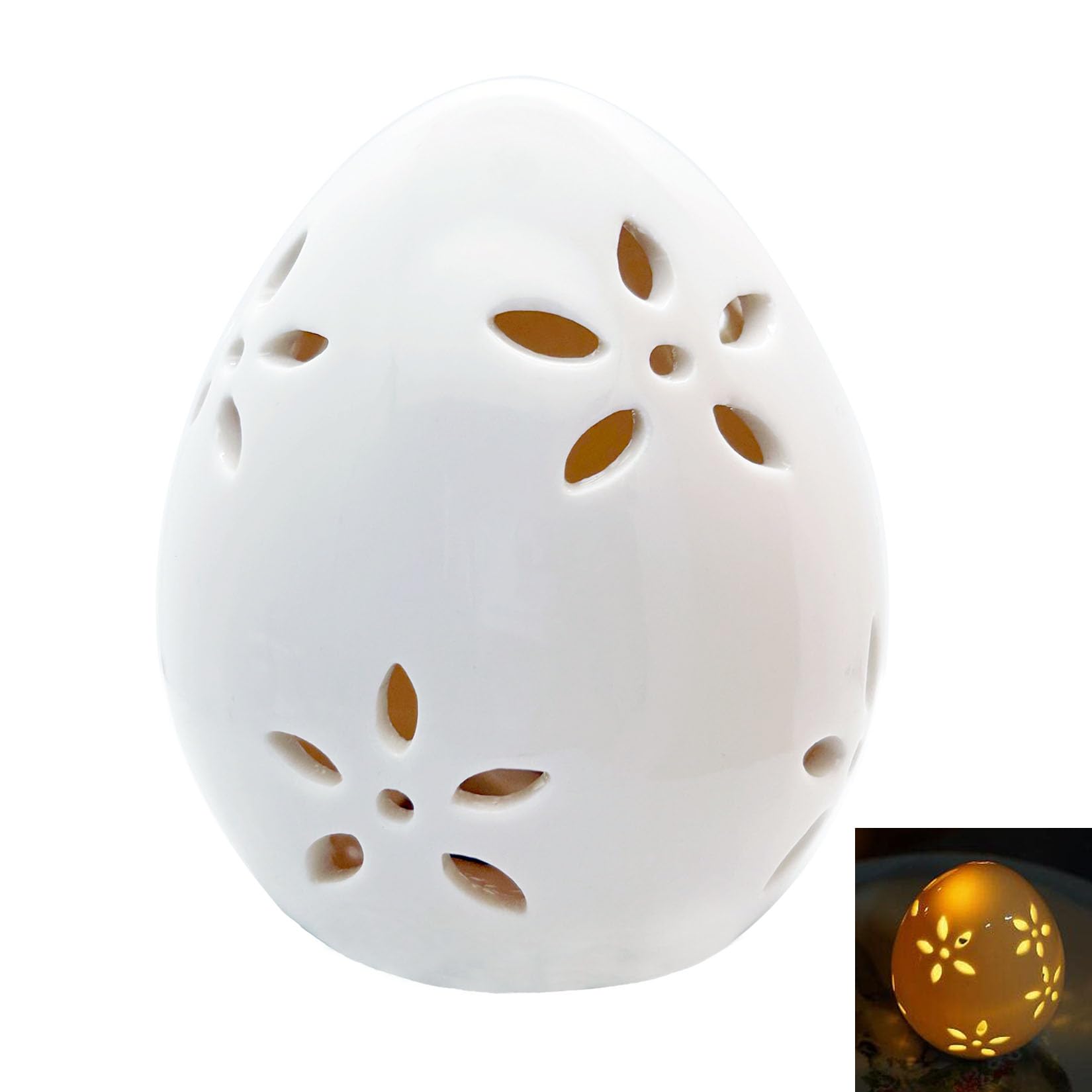 QIAOIDEA Easter Egg White Egg LED Lights Lamp for Party Favors, Procelain Egg with Flower Hollowed Easter Home Decor Table Centerpiece Mantels Rabbit
