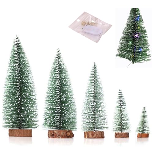 Bhina 5 Piezas Mini Árbol de Navidad con Base De Madera Abeto Árbol de Mavidad Artificial Árbol de Navidad Pequeño con 1 Pieza de Iluminación Ambientepara Decoración de Hogar Navideño DIY, 5 Tamaños