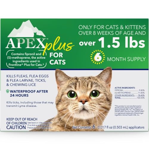 Apex Plus Cat Flea and Tick Treatment | 6-Month Supply, Over 1.5 lbs | Flea Treatment for Cats & Kittens | 24-Hour Activation, Waterproof, 30-Day Protection