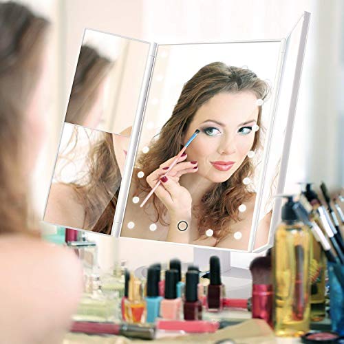 21 LED Trifold Illuminated Makeup Mirror, ELOKI Lighted Vanity Mirror with Touch Screen Dimming and USB Powered, Illuminated Cosmetic Mirror,180° Swivel Rotation (White )