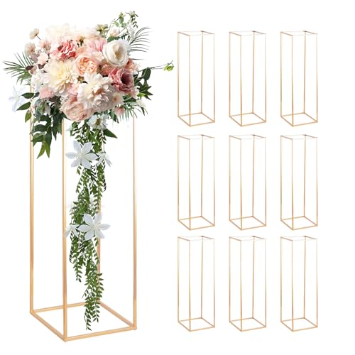 SOCROTO 32in Tall Metal Column Wedding Flower Stand - 10pcs Large Centerpieces for Event Party Home Decorations, Gold