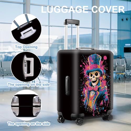 Image of Colorful Skeleton in Top Hat Luggage Cover - Abstract Skull Design Suitcase Protector for 32-34 Inch Luggage,XL