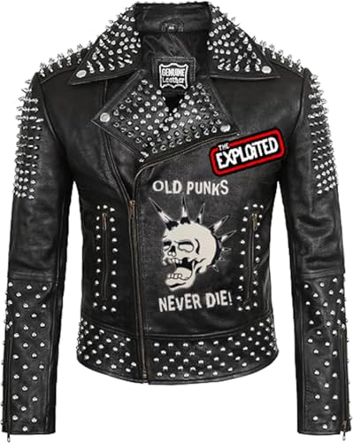 Men's Skull Printed Brando Rockstar Studded Leather Jacket - New Gothic Trending Punk Rock Handmade Motorcycle Skull Jacket