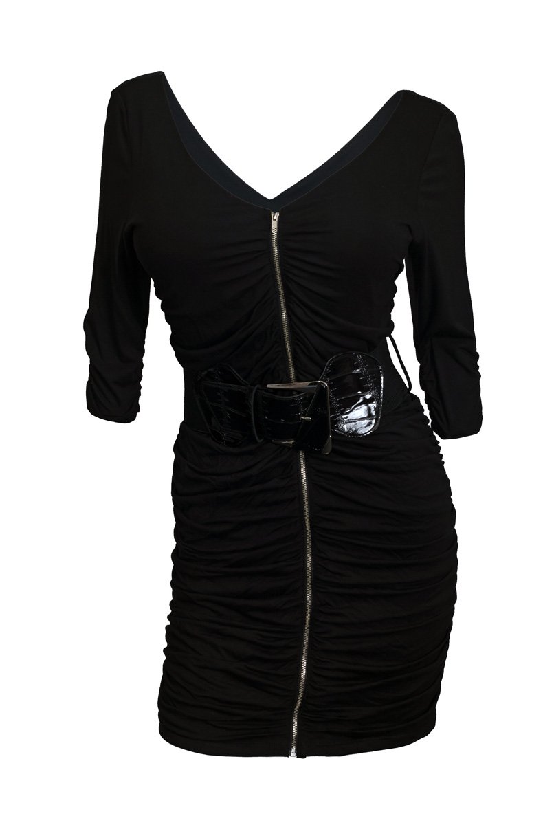 eVogues Plus Size Zipper Front Belt Accented Mini Dress Black