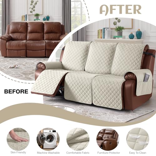 Image of KinCam Waterproof Recliner Sofa Cover, Non-Slip Reclining Couch Covers for 3 Seat, Recliner Couch Cover Furniture Protector with Elastic Straps for Pets, Kids, Ivory