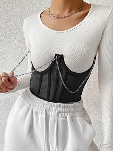 Moessa Women See Through Mesh Lace Up Bustier Corset Metal Chain Boned Overbust Waist Cincher Wide Belt 8970-Black-S #TOP4
