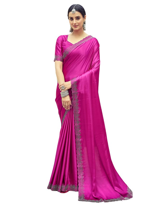 Satrani Women's Satin Silk Hot Fixing Saree with Unstitched Blouse Piece