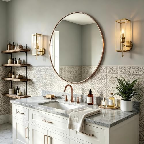 Image of ANDY STAR Champagne Bronze Vanity Mirror, 32 inch Round Mirror for Bathroom | Modern Circle Mirrors in 1 inch Rustproof Stainless Steel Frame, Wall Mounted for Bathroom Sink, Home Decor, Entryway