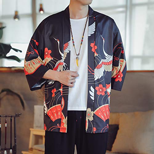 Image of PRIJOUHE Men's Lightweight Kimono Jacket Seven Sleeve Open Front Cardigan Coat Japanese Style Bathrobe