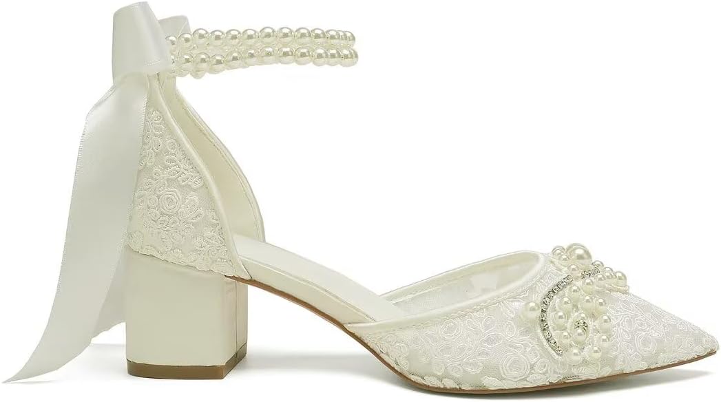 Lace Pearl Wedding Shoes for Bride Block Heel Bridal Shoes Closed Toe Wedding Heels - Image 4