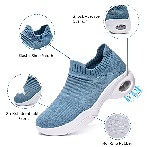 Womens Walking Shoes Slip On Sock Sneakers Lady Girls Nurse Mesh Air Cushion Platform Loafers Fashion Casual Light Blue,8 #TOP1