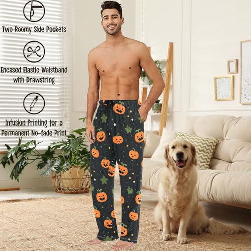 visesunny Men's Hawaii Bottoms Cotton Lightweight Halloween Pumpkin Leaf Casual Lounge Pants Soft Sleep Pj2
