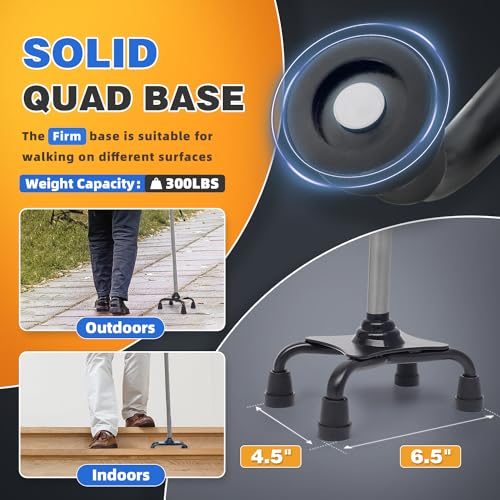 Image of BigAlex Walking Cane, Adjustable Quad Cane with 4-Pronged Base for Elderly, Collapsible Walking Stick with Lift Handle, Canes with Foam Padding Grip for Men Women and Seniors
