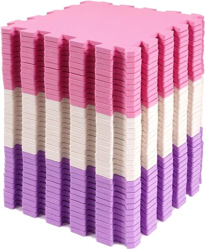 BalanceFrom 36-Pack 12x12 Inches EVA Interlocking Foam Play Tile Mat, Pink/Purple/Beige – 0.4-Inch Thick Non-Slip Puzzle Flooring for 36 Square Feet in Playroom, Nursery, or Playpen at Home