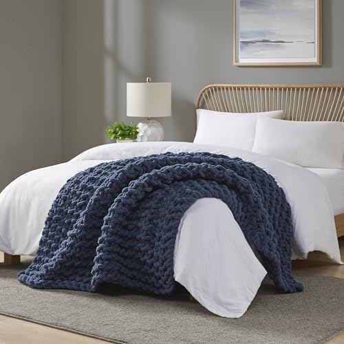 Madison Park Chenille Chunky Knit Handmade Throw Blanket, Luxuriously Soft Gift Blankets, Cottage Style Room Décor, Lightweight & Breathable All Seasons Throw Blanket for Couch, 50"W x 60"L Navy Blue - Image 6