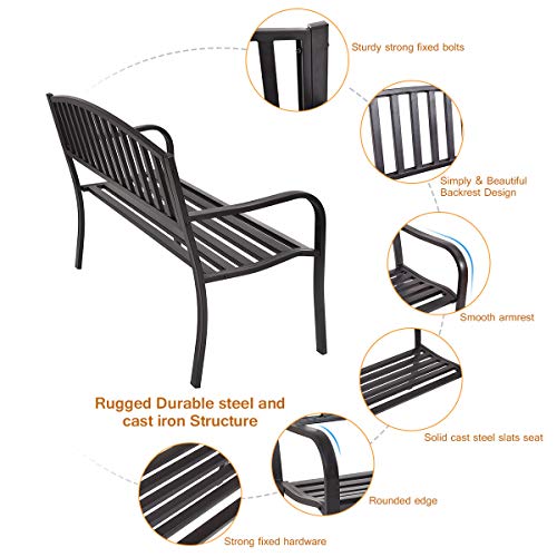 Image of Giantex Outdoor Bench, 50 inch Patio Garden Bench with Steel Frame, Slat Design, 500 Lbs Weight Capacity, Patio Seating Bench for Porch, Backyard, Poolside, Outside Decor Furniture, Park Loveseat, Black