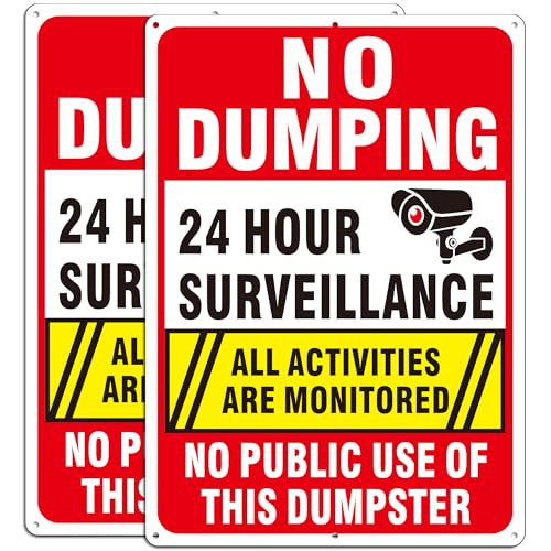 (2 Pack) No Dumping Signs No Public Use of Dumpster Sign No Illegal Dumping Allowed 24 Hour Video Surveillance Sign 14 X 10 Rust Free Aluminum Reflective Fade Resistant Easy Mounting
