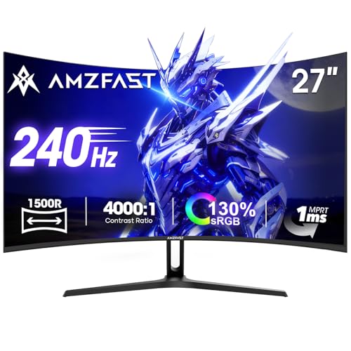 Amzfast 27 Zoll Curved Gaming Monitor, 1920x1080 Full HD, 240Hz, 1500R VA Panel, 1ms MPRT, Adaptive Sync, 4000:1 Kontrast, 95% DCI-P3, 130% sRGB, HDMI1.4&DP1.2, VESA 100x100mm, AMZG27C1 Pro