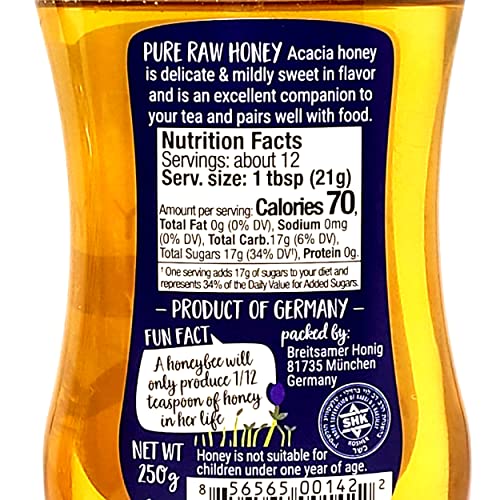 Breitsamer Honig Gift Set -2 Bee Buddy Pure Raw Acacia Honey Squeeze Bottles 8.8 Oz. Ea, 6 Honey Sticks, And 1 Gold Stainless Steel Round Tea Spoon (9-Pc Set) #TOP4