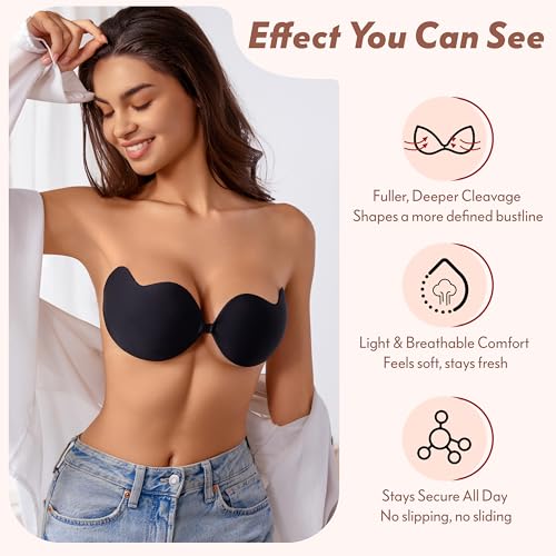 Rosefly Push Up Strapless Bra for Women, Backless Sticky Bra for Deep V Cleavage, Reusable AB Adhesive Bra Black