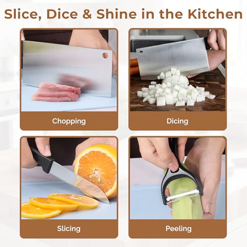 Image of HomeEssentials 3-Piece Professional Kitchen Prep Set - Includes 29.5cm Heavy-Duty Meat Cleaver, 19.5cm Utility Knife, and Ergonomic Peeler - Stainless Steel Blades with Non-Slip Handles
