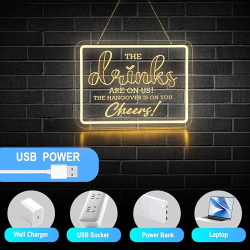 Image of Bar Neon Sign The Drinks Are On Us LED Signs The HanGover is On You Cheers Neon Light Gifts for Wedding Party Bars Pubs Neon Signs Decorations
