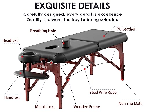 Cloris 84" Professional Massage Table Portable 2 Folding Lightweight Facial Salon Spa Tattoo Bed Height Adjustable With Carrying Bag & Wooden Leg Hold Up To 1100Lbs #TOP5