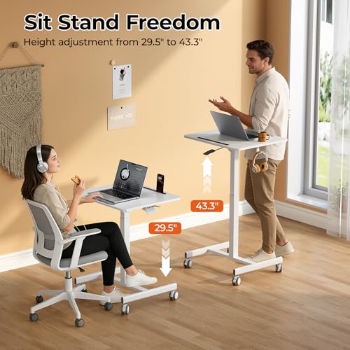 Image of JOY worker Mobile Standing Desk, 23.6 inch x 20.5 inch Small Rolling Laptop Cart with 90 Tiltable Desktop, Portable Height Adjustable Sit-Stand Computer Desk on Wheels for Home Office, White