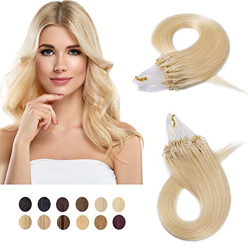 SEGO Micro Link Hair Extensions Human Hair MicroBead Hair Extensions Highlight Pre Bonded Micro Ring Human Hair Extensions Straight Real Hairpiece 50g 100 Strands 20inch 60# Platinum blonde